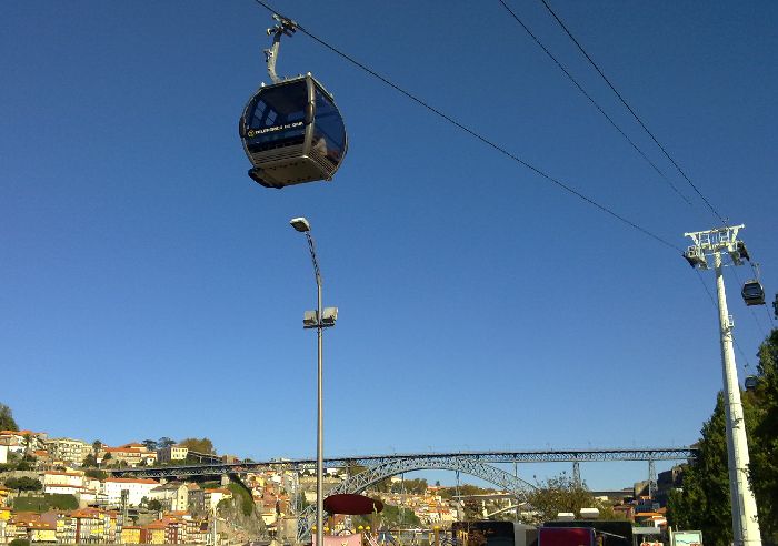 Imagen de las cabinas del telef�rico de Vilanova de Gaia con el puente Don Luis I al fondo