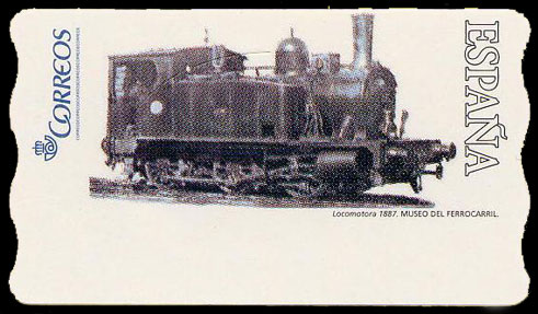 Estampilla con una locomotora de 1887 preservada en el Museo del Ferrocarril de Madrid.