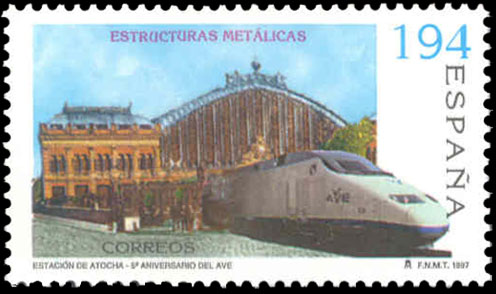 De la serie estructuras met�licas, se emiti� este sello con una composici�n Ave saliendo de Atocha.