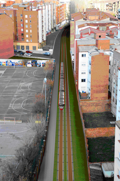 El tranv�a junto al colegio de los Maristas, a la izquierda de las v�as