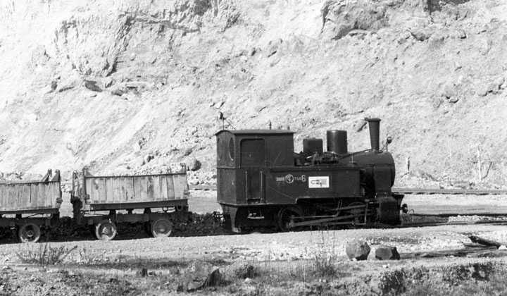 Locomotora de vapor tipo 030 de la empresa Constructora Internacional S.A. y dos vagones abiertos junto a un pe�asco, detenidos en la estaci�n de El Musel de la Junta de Obras del Puerto de Gij�n. Archivo Hist�rico Ferroviario, FN-27046